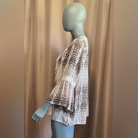 Haute Hippie Tribal Harlan White & Brown Bell Sleeve Large Boho Blouse - Picture 3 of 9